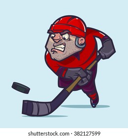 ice hockey player in red form with hockey stick and puck in action, cartoon character, angry, funny, vector illustration