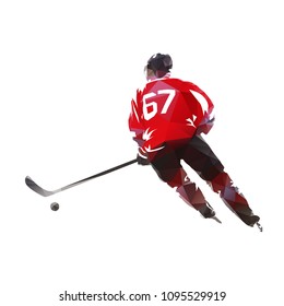 Ice hockey player in red jersey, polygonal vector isolated illustration