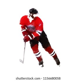 Ice hockey player in red jersey skating, isolated vector low poly illustration. Winter team sport