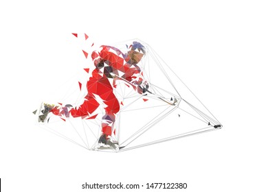 Ice hockey player in red jersey shooting puck, geometric polygonal drawing. Isolated vector illustration. Ice hockey athlete