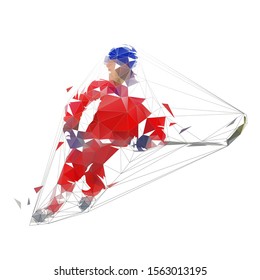 Ice hockey player in red jersey shooting puck, geometric polygonal drawing. Isolated vector illustration. Ice hockey athlete