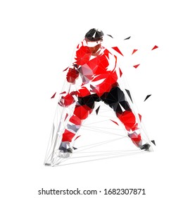 Ice hockey player in red jersey skating with a puck, isolated low polygonal vector illustration. Front view