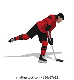 Ice hockey player in red jersey shooting puck, abstract vector illustration