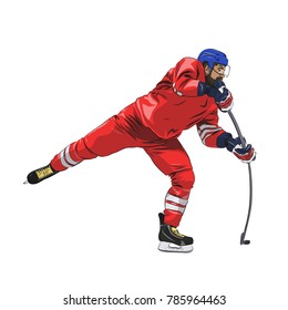 Ice hockey player in red jersey shooting puck, isolated vector illustration. Side view