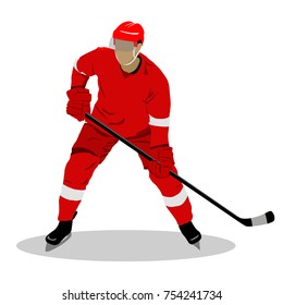 Ice hockey player in red uniform on white