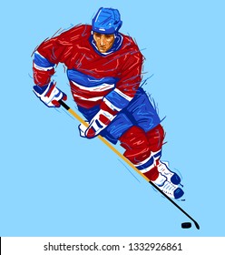 Ice hockey player at rink. Vector sports illustration, poster on a blue background. Eps 10 format