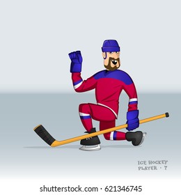 ice hockey player from russian team sliding on his knee drawn in cartoon style