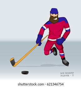 ice hockey player from russian team attacking drawn in cartoon style