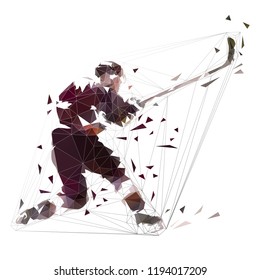 Ice hockey player shooting puck, low polygon isolated vector illustration. One timer slap shot. Active people, winter team sport