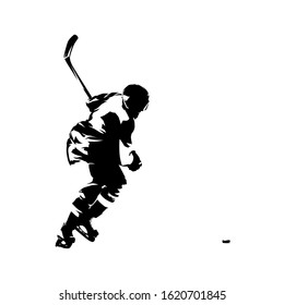 Ice hockey player shooting puck, isolated vector silhouette, ink drawing