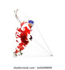 Ice hockey player shooting puck, isolated low polygonal vector illustration, abstract geometric drawing