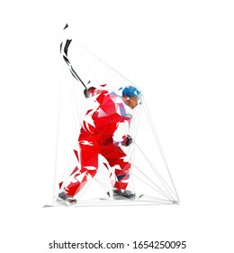 Ice hockey player shooting puck, isolated low polygonal vector illustration, abstract geometric drawing