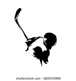 Ice hockey player shooting puck, abstract isolated vector silhouette. Hockey logo