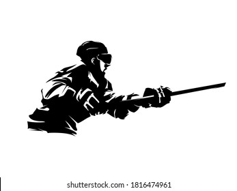 Ice hockey player shooting puck, isolated vector silhouette. Ink drawing. Hockey logo