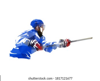 Pila de tiro del jugador de hockey sobre hielo, ilustración aislada vectorial poligonal baja. Dibujo geométrico. Logo de hockey