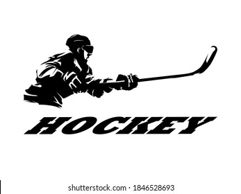 Ice hockey player shooting puck  isolated vector silhouette  Ink drawing  Hockey logo