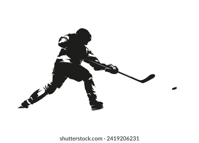 Ice hockey player shooting puck, isolated vector silhouette