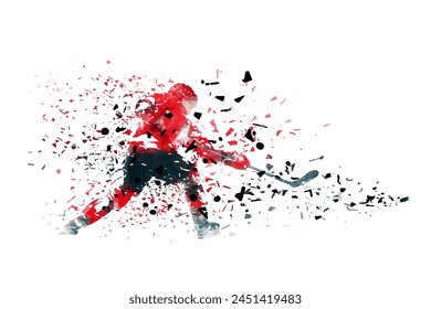 Ice hockey player shooting puck, isolated low poly vector illustration with shatter effect