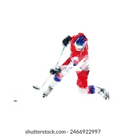 Ice hockey player shooting puck, isolated low poly vector illustration with distortion effect