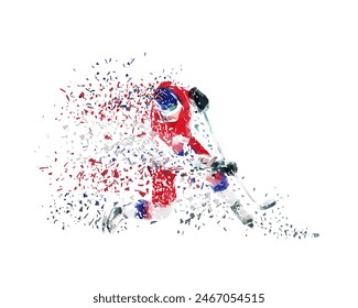 Ice hockey player shooting puck, isolated low poly vector illustration with distortion effect