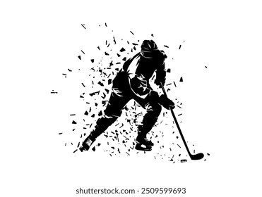 Hockey sobre hielo, disco de tiro del jugador de hockey, silueta de Vector aislada con efecto de distorsión