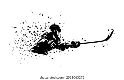 Ice hockey player shooting puck, isolated vector silhouette. Ink drawing. Hockey logo