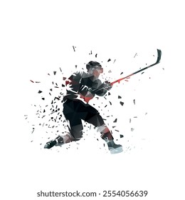 Ice hockey player shooting puck, isolated low polygonal vector illustration, geometric drawing. Side view. Ice hockey winter team sport