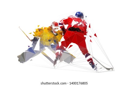 Ice hockey player shoots puck, goalie makes save. Polygonal vector illustration