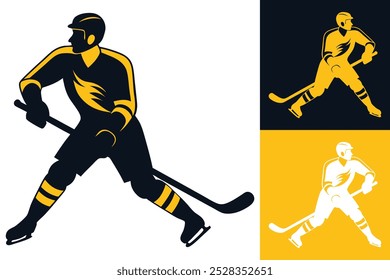 Ice Hockey Player Silhouette Icons. Vector Illustration of Cartoon Athletes Playing on Ice Rink - Perfect for Sports Logos and Designs