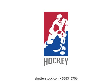 Ice Hockey Player Silhouette Logo Design Vector Template.
Sport Icon Negative Space Style