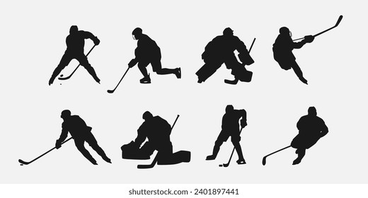 ice hockey player silhouette set collection. isolated on white background. graphic vector illustration.