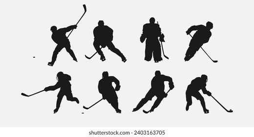 ice hockey player silhouette set collection. isolated on white background. graphic vector illustration.