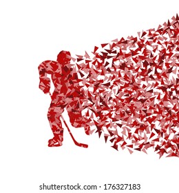 Ice hockey player silhouette sport abstract vector background concept made of triangular fragments explosion
