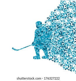 Ice hockey player silhouette sport abstract vector background concept made of triangular fragments exploasion
