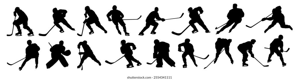 Ice Hockey player silhouette vector illustration. Hockey players in different poses in motion