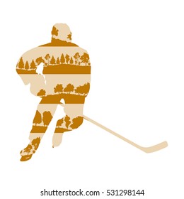 Ice hockey player silhouette vector background concept made with forest trees fragments isolated on white