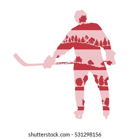 Ice hockey player silhouette vector background concept made with forest trees fragments isolated on white