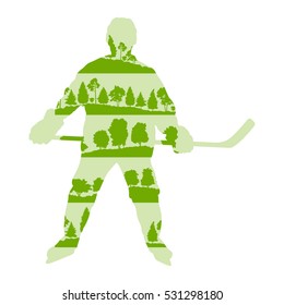 Ice hockey player silhouette vector background concept made with forest trees fragments isolated on white