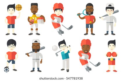 Ice hockey player skating on rink. Ice hockey player with stick and puck. Man playing ice hockey. Baseball player holding bat. Set of vector flat design illustrations isolated on white background.