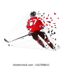 Ice hockey player skating with puck, low poly isolated vector illustration. Polygonal hockey player