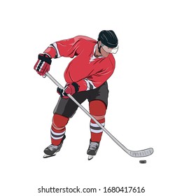 Ice hockey player skating with puck, isolated vector illustration. Red jersey