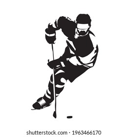 Ice hockey player skating and puck  front view  Abstract isolated vector illustration  winter team sport logo