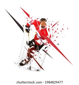 Ice hockey player skating with a puck, low polygonal vector illustration. Hockey player front view