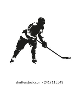 Ice hockey player skating with puck, isolated vector silhouette