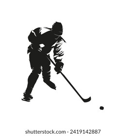 Ice hockey player skating with puck, isolated vector silhouette