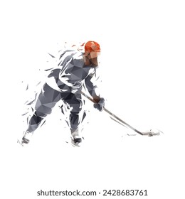 Ice hockey player skating with puck, low poly isolated vector illustration