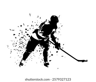 Ice hockey player skating with puck, isolated vector silhouette with distortion effect, hockey player clip art