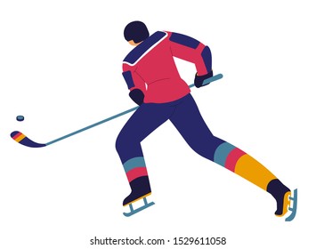 Ice hockey player skating with stick to shoot puck. Winter team sport. Athlete speed racing in sportswear, side view, at professional competition. Graphic flat vector illustration on white background.
