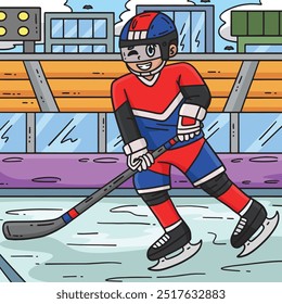 Ice Hockey Player Skating Through Colored Cartoon