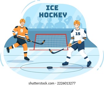 Ice Hockey Player Sport with Helmet, Stick, Puck and Skates in Ice Surface for Game or Championship in Flat Cartoon Hand Drawn Templates Illustration